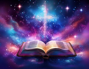 A glowing open Bible floating in a soft watercolor night sky, with abstract stars forming crosses and gentle waves of purple and blue.