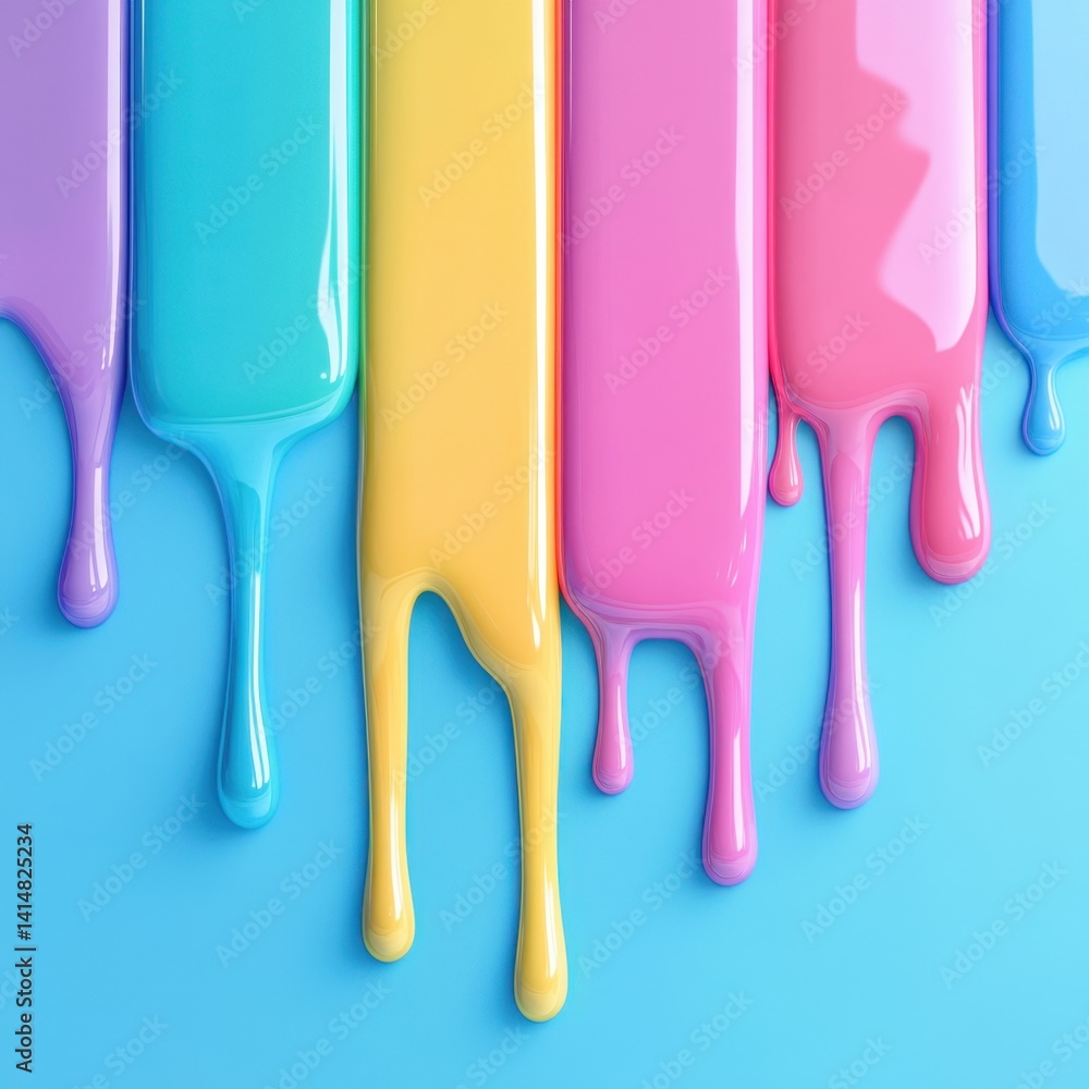 Poster pastel paint drips on light blue background creates a visually appealing and playful texture ideal f
