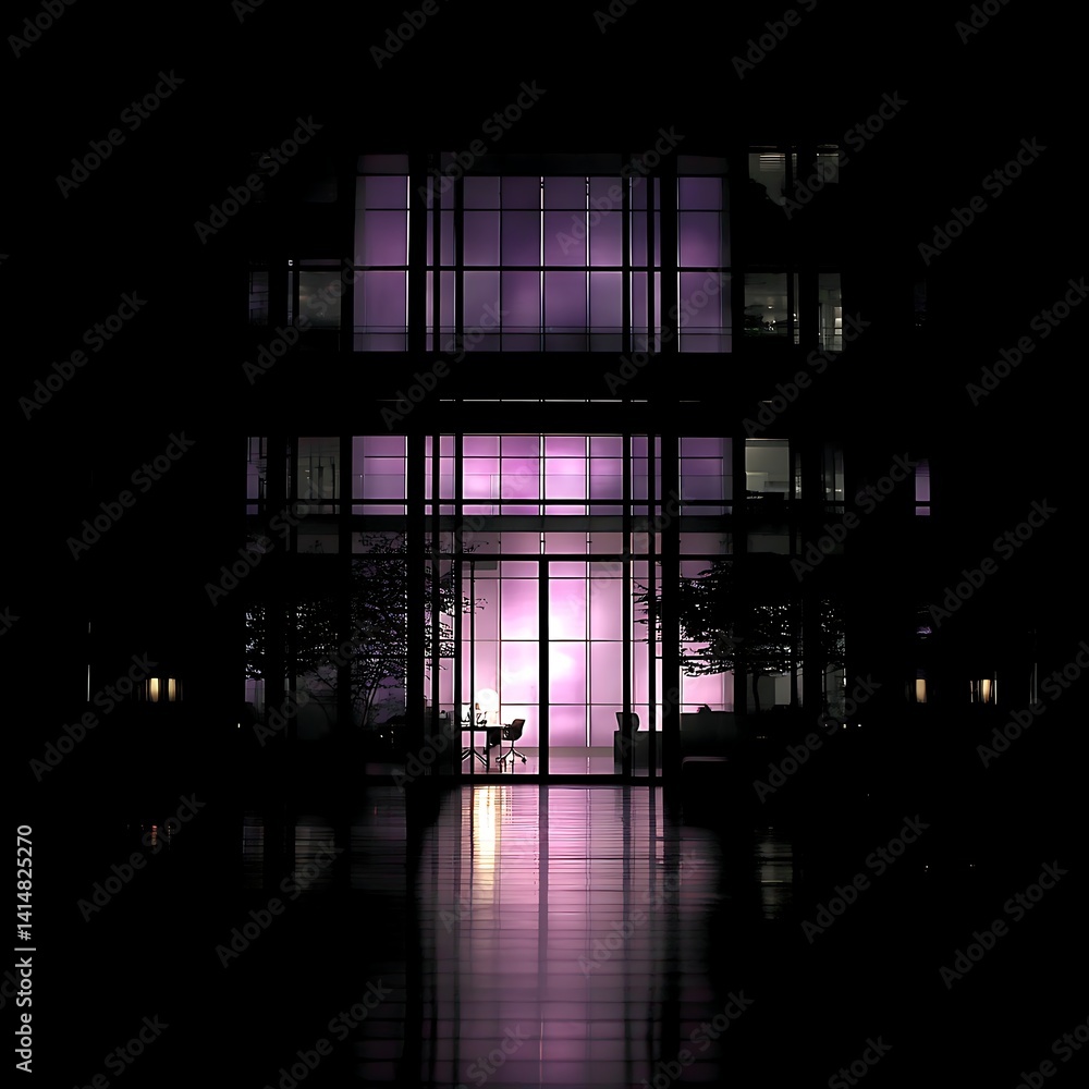 Poster evening view of modern building with purple illuminated windows reflecting on the floor surface.