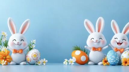 Obraz premium Three cheerful cartoon bunnies celebrate Easter with colorful eggs and flowers.