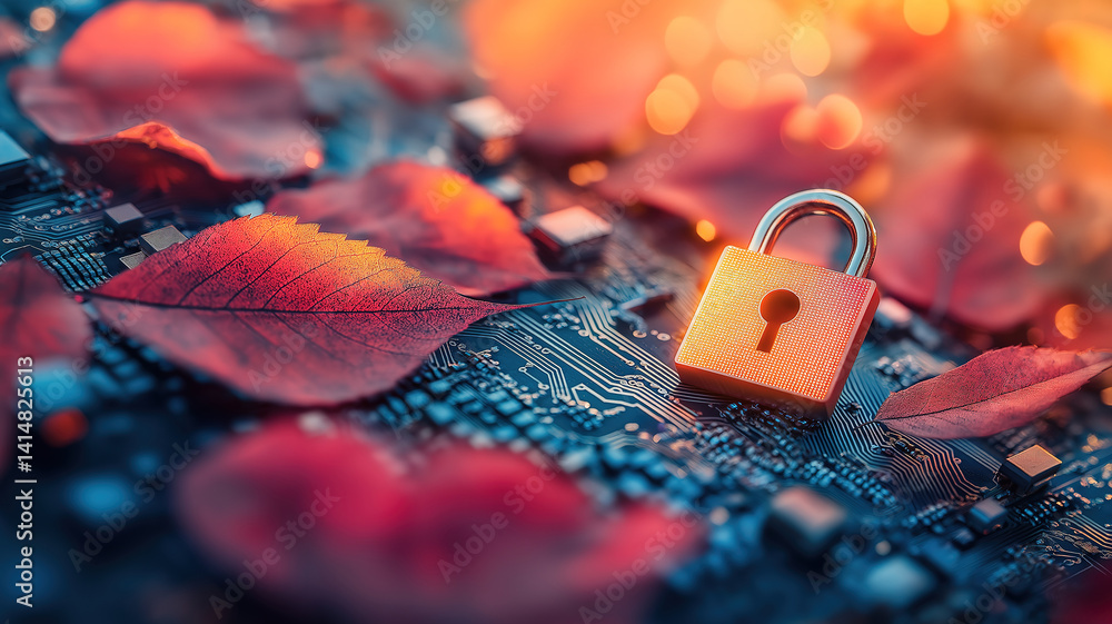 Poster padlock icon over a digital circuit board representing cybersecurity and data protection technology
