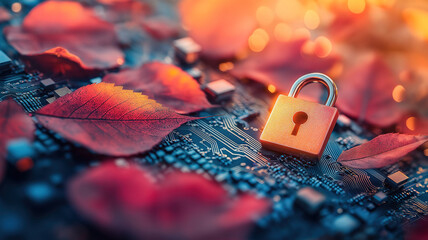 Padlock icon over a digital circuit board representing cybersecurity and data protection technology