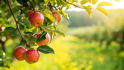 Red Apple on tree in garden in Natural Sunnyday background with warm sunlight