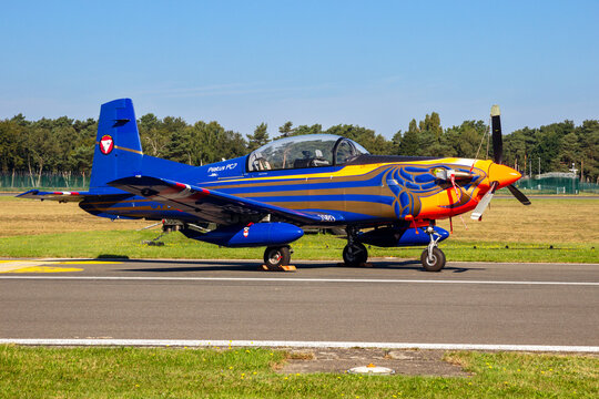 Pilatus PC-7 trainer turboprop aircraft in Austrian special livery.