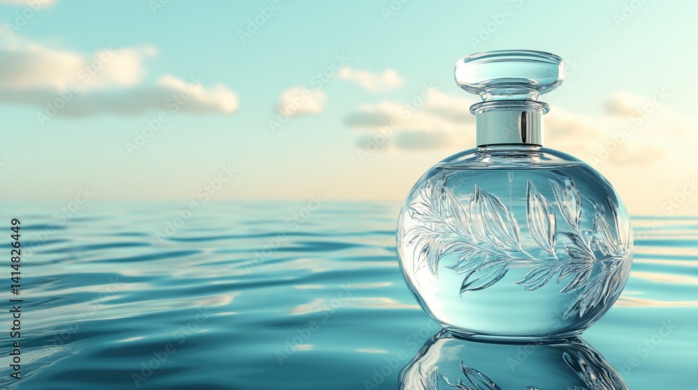 Poster elegant crystal perfume bottle on reflective surface with serene sea and sky backdrop creating a cal