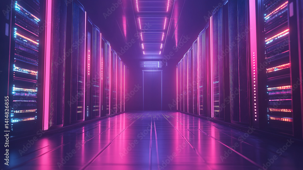 Poster modern data technology center with server racks and big data protection for secure storage