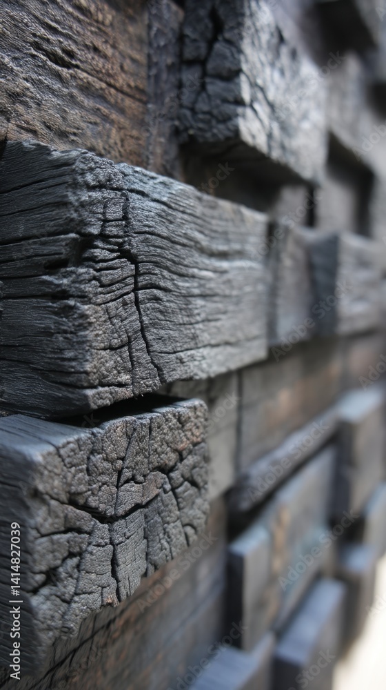 Poster charred wood blocks in textured arrangement with a shallow depth of field creating a moody and rusti