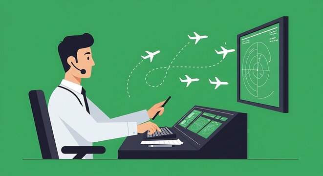 Air traffic controller managing aircraft flight routes using radar technology