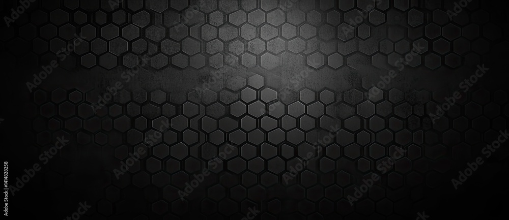 Poster dark background with hexagonal pattern, geometric texture, carbon structure, abstract art