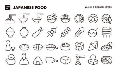 Japanese food line icon set. Vector editable stroke icon.