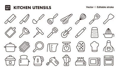 Kitchen utensils line icon set. Vector editable stroke icon.