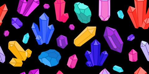 Bright Gemstones and Crystals Pattern in Flat Vector Style.Seamless pattern of colorful crystals and gemstones on black background, for fantasy themes, textiles, print,wallpapers, wrapping paper,web