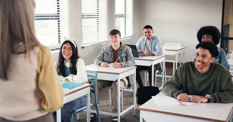 Education, teacher and smile with people in classroom for high school academy, future or scholarship. Entrance exams, studying and learning assessment with students on campus for knowledge and lesson