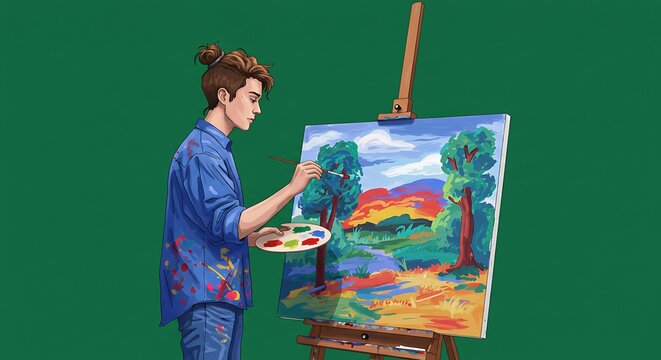 Young male artist creating a landscape painting with a paintbrush and palette