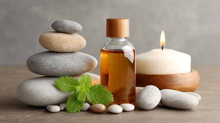 Patchouli oil bottle sitting beside stacked smooth stones and candle, ideal for spa and relaxation themes with organic branding.