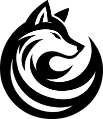 Stylized tribal wolf head in a circular composition with flowing fur lines and sharp features. Bold black vector on a white background, symbolizing cunning, mystery, and strength ideal for tatt