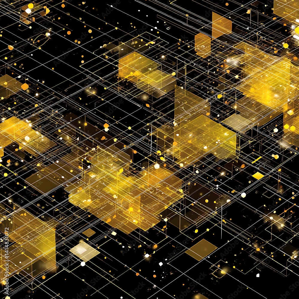 Poster geometric data network connection grid interconnection with golden squares and particles effects.