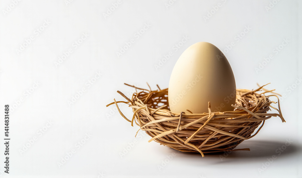 Poster a small egg is sitting in a nest made of straw. the nest is small and the egg is large, creating a s