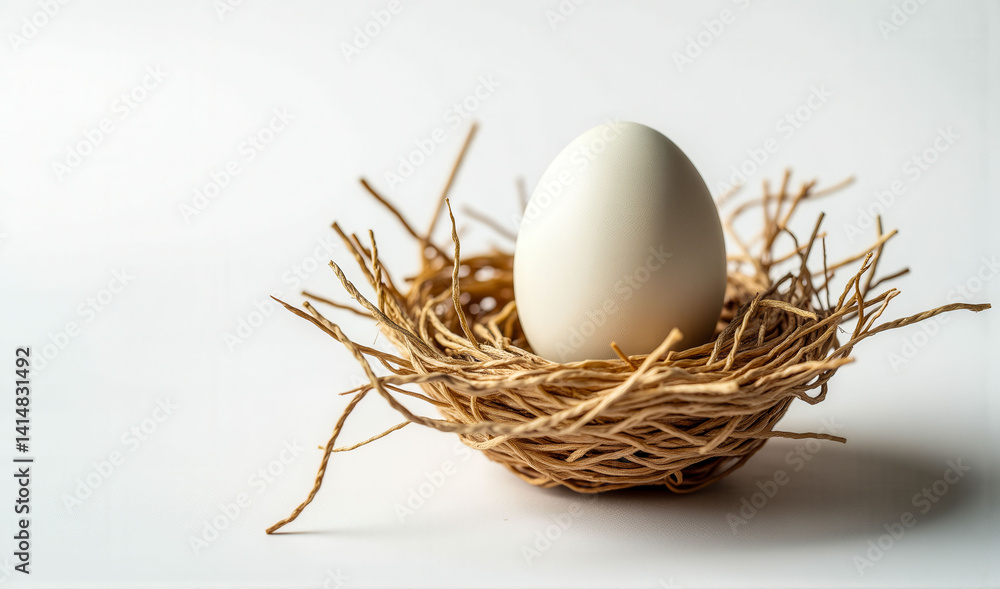 Poster a white egg is sitting in a nest made of twigs. the nest is small and made of thin twigs. the egg is