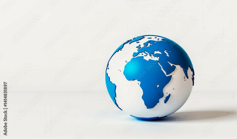 Poster a blue and white globe sits on a white background. the globe is a representation of the earth and is