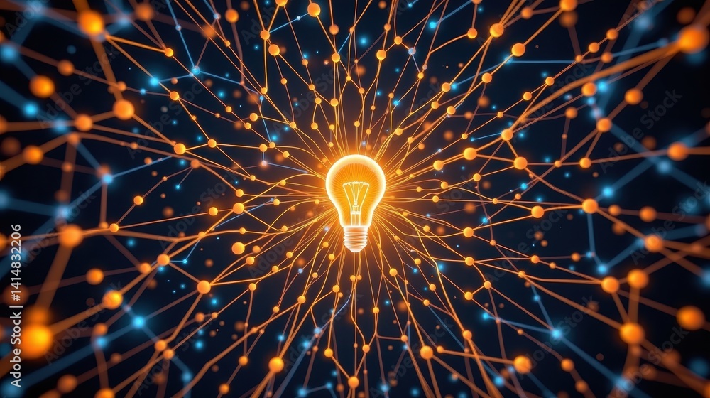 Poster radiant light bulb surrounded by a network of interconnected nodes.