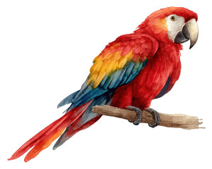 Obraz premium vibrant parrot perched on branch showcases stunning red, blue, and yellow feathers, exuding lively and colorful presence. This beautiful bird captures essence of tropical wildlife