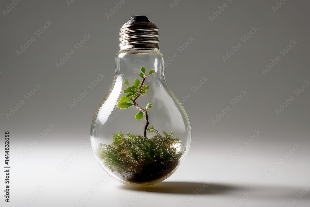 Poster lightbulb terrarium showcasing a tiny green plant and moss against a soft gray background creating a