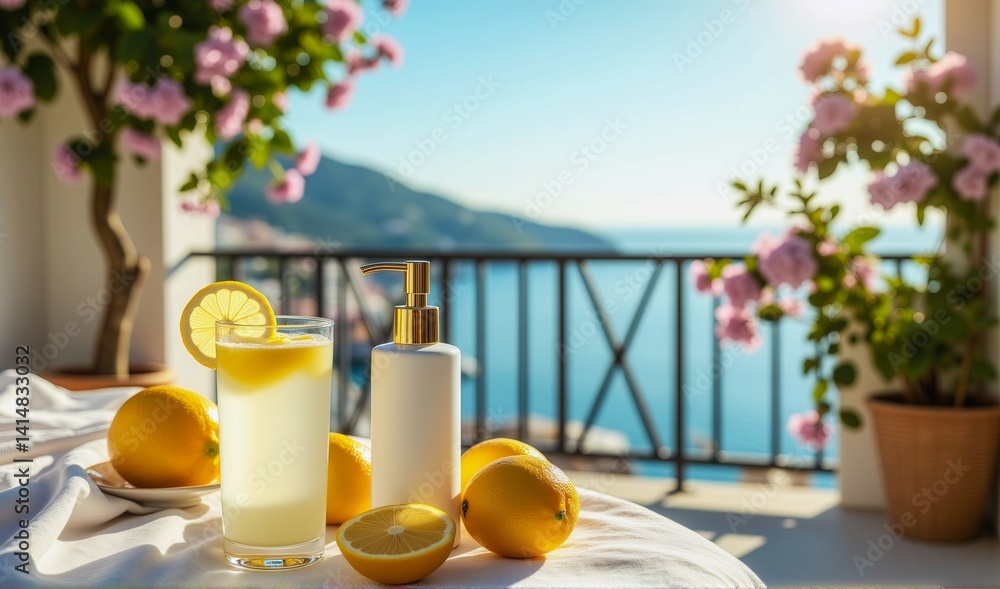 Poster a glass of lemonade sits on a table next to a bottle of lotion and a potted plant. the scene is set 