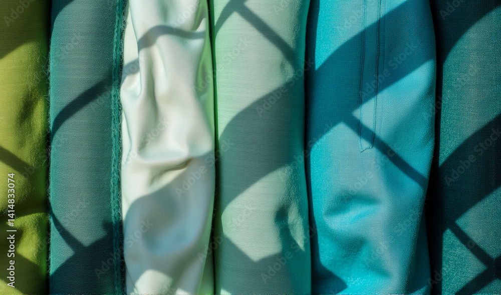 Poster a row of blue and white towels are stacked on top of each other. the towels are all different shades