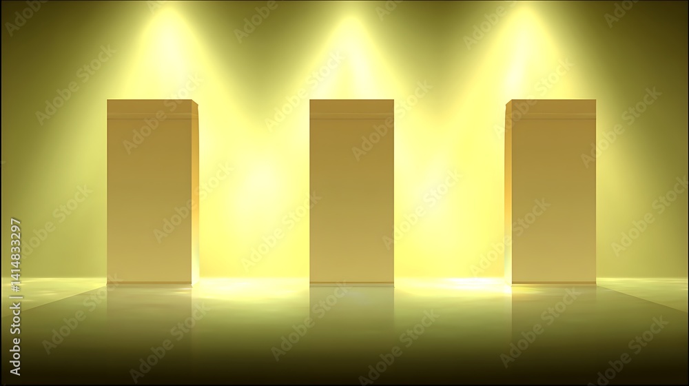 Aufkleber golden rectangular pillars under spotlight beam showcase for display and presentation on stage.