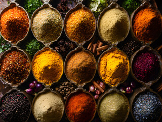 Colorful Assortment of Spices and Herbs in Bowls on Blue Background. Vibrant display of various spices and herbs in bowls, showcasing a rich mix of colors and textures perfect for culinary or artistic