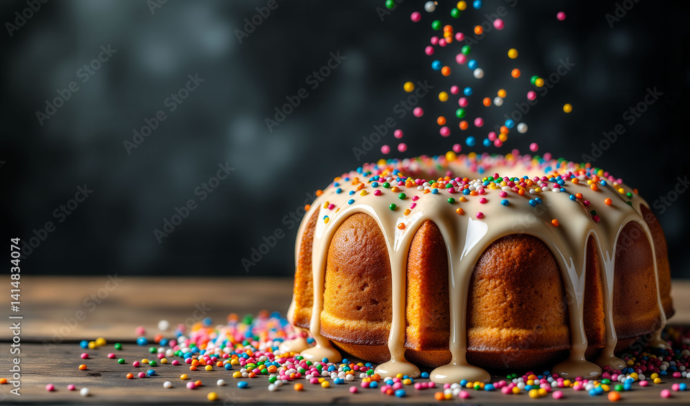 Poster a cake with a white frosting and colorful sprinkles on top. the sprinkles are falling from the cake,