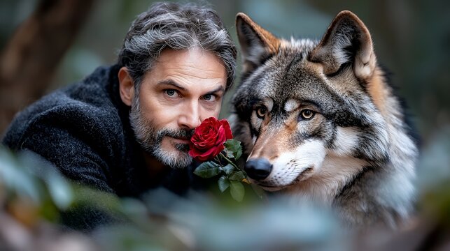 Man and wolf a bond of nature and red rose