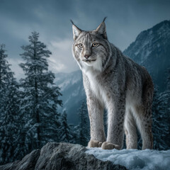 Obraz premium Lynx Stands Majestically on a Rock in a Snowy Forest With Mountains in the Background During Twilight