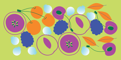 Appetizing fruit and berries collection. Decorative abstract horizontal banner with colorful doodles. Hand-drawn modern illustrations with fruit and berries, abstract elements. Abstract series	
