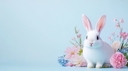 Fototapeta premium A cute white bunny surrounded by colorful flowers on a soft blue background.