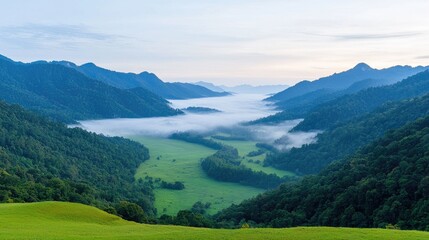 Serene valley landscape tranquil nature scene with lush green hills and calm water