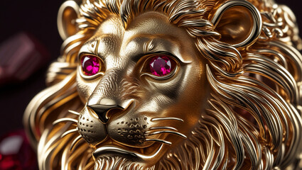 Bold Gold Lion Ring with Ruby Eyes – Detailed Macro Shot Highlighting Regal Design and Majestic Craftsmanship