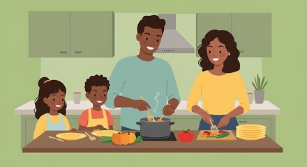 Cheerful African American Family Cooking Together in a Modern Kitchen Setting