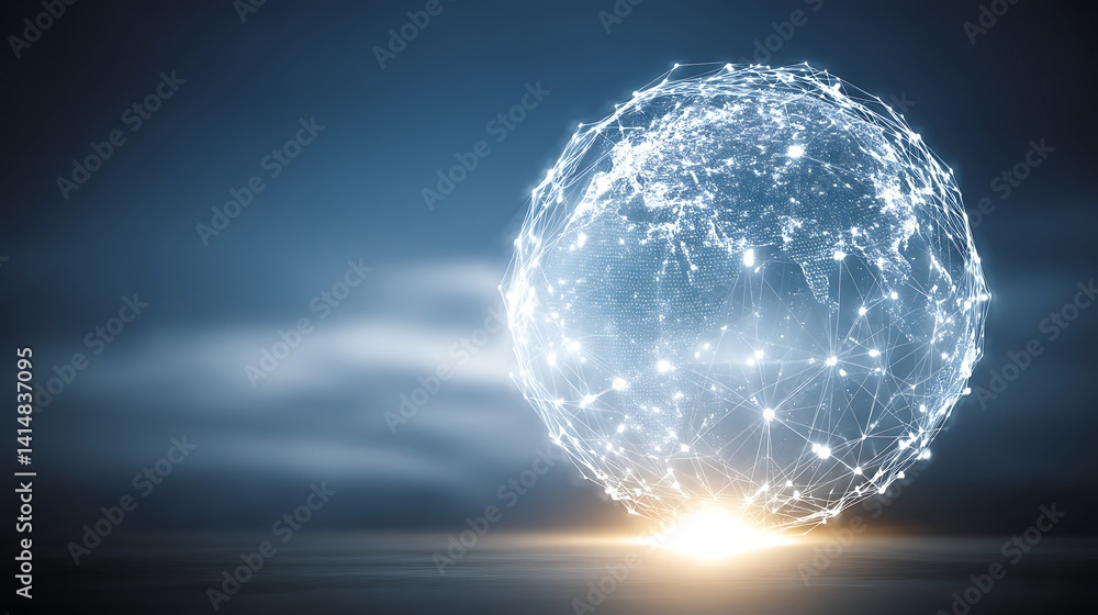 Aufkleber illuminated global network sphere glowing on dark background for connectivity and data transfer.