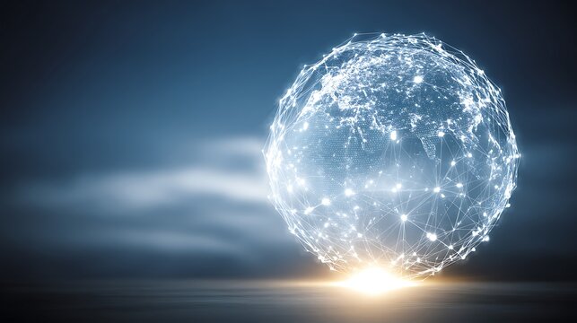 Illuminated Global Network Sphere Glowing on Dark Background for Connectivity and Data Transfer.