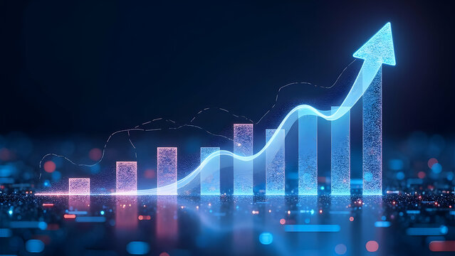 Computational power visualization of market analysis through quantum processing systems generating financial growth projections