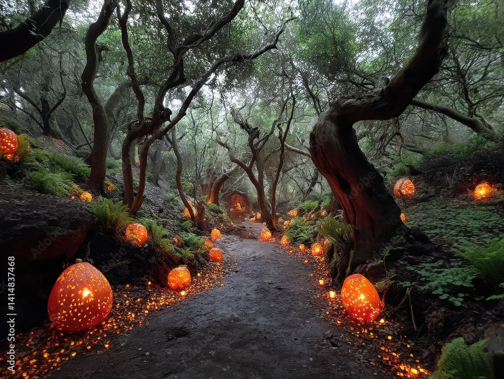 Poster enchanted forest path illuminated by glowing pumpkins creating a magical autumn atmosphere with lush