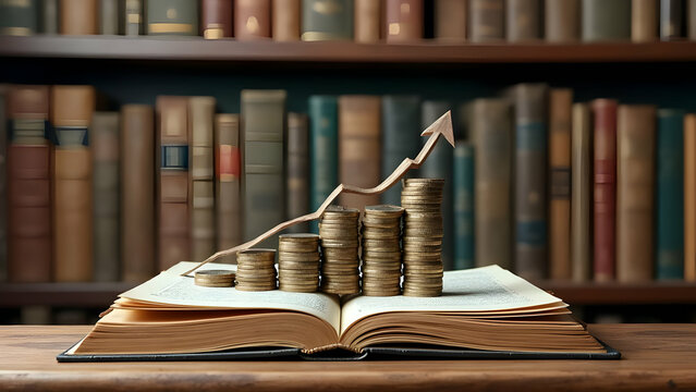Knowledge-based financial approach visualization through historical reference collection with currency markers and central performance analytics projection