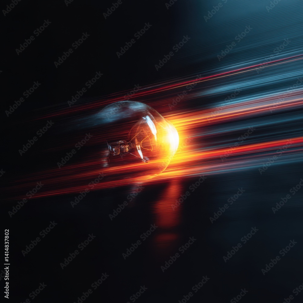 Poster glowing lightbulb with dynamic light trails on dark background creative concept for innovation and i