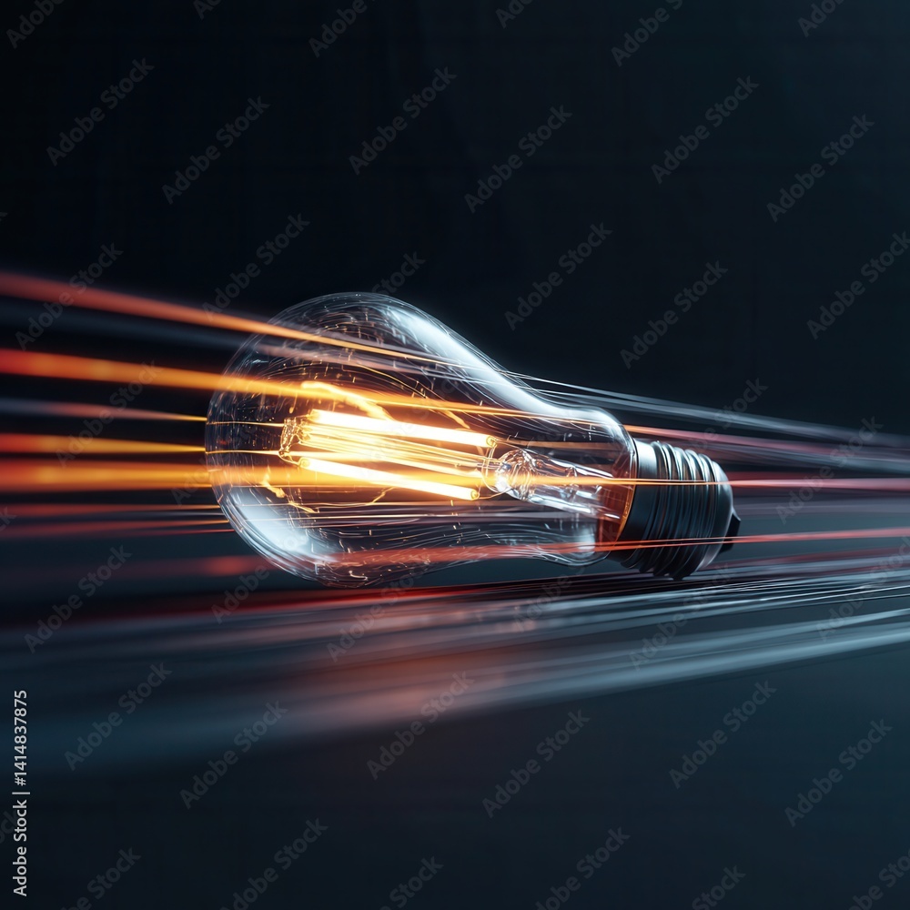 Poster glowing filament lightbulb with dynamic light trails illuminating innovation creativity and energy c