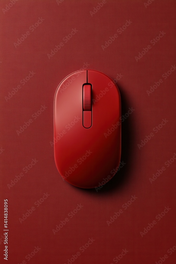 Poster minimalist red computer mouse on matching textured surface high angle view for modern tech and desig