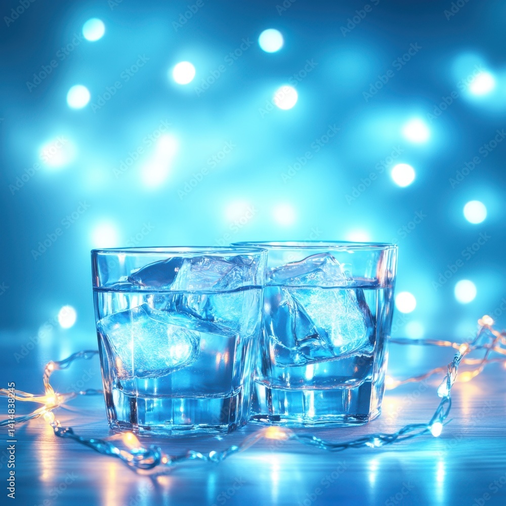 Poster refreshing cool water with ice cubes in glasses against a blurred blue bokeh light background creati