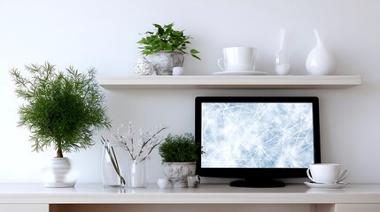 Obraz premium Interior design featuring greenery, potted plants, decor items and computer monitor on a desk.