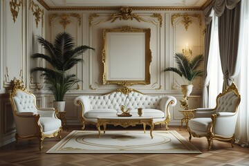 Luxurious classical interior, ornate gold frame, white tufted sofa, gilded armchairs, rococo style furniture, cream walls with decorative molding, parquet flooring, potted palm plant, elegant coffee t